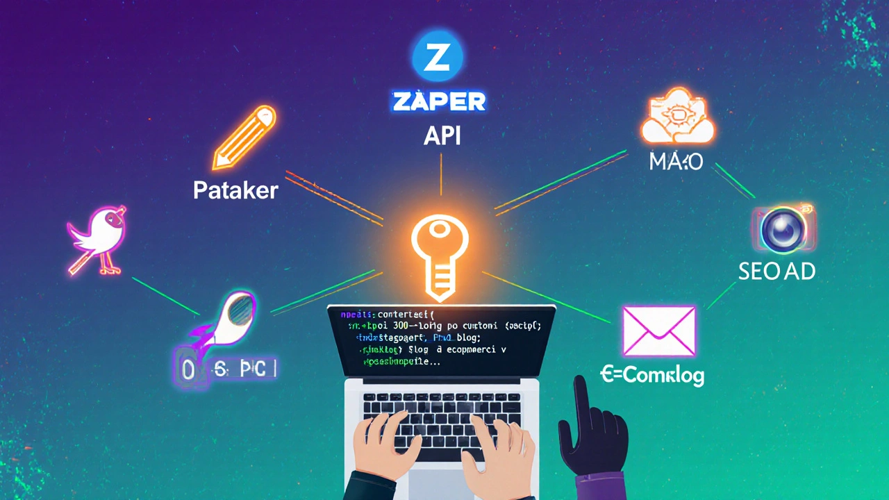 Diagram workflow ukazuje propojení API, Zapier a generování obsahu.