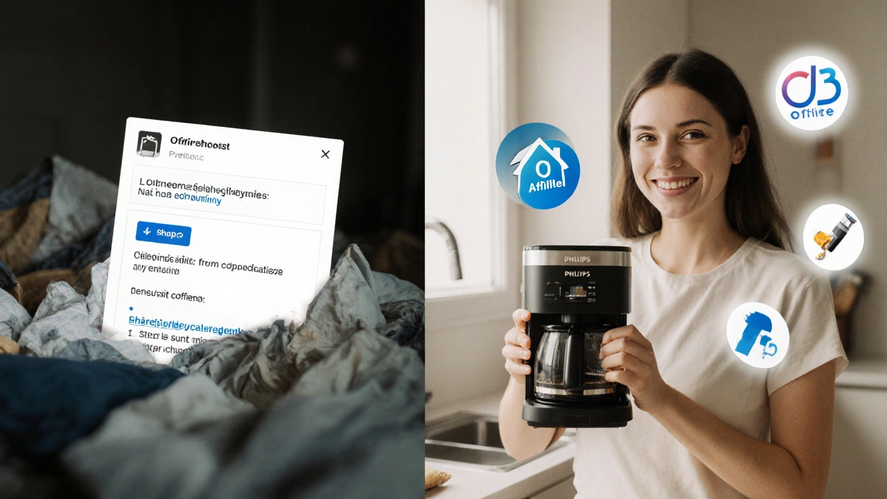 E-mail s doporučením produktu a žena v kuchyni s kávovarem, symbolizující důvěru.