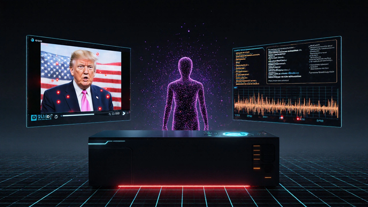 Futuristické AI pracoviště s hologramy videa, zvuku a textu, detekuje deepfake.