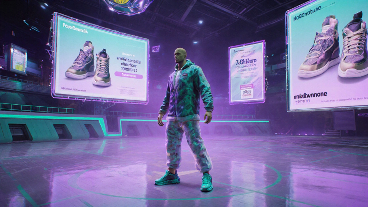 Futuristické metaverzální arena s avatarovým sportovním vybavením a AI‑přizpůsobenými hologramovými reklamami.