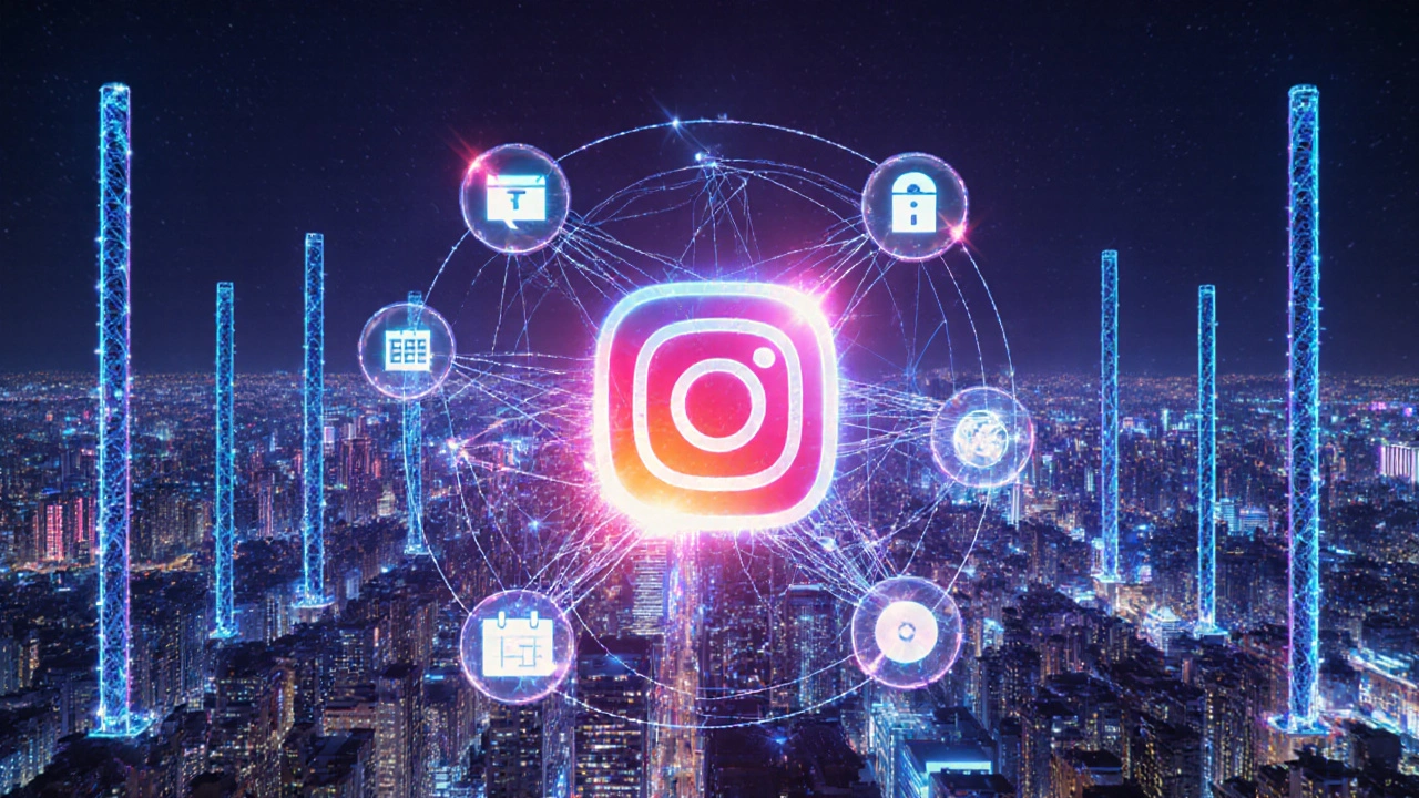 Futuristické umění spojuje neonovou městskou scenérii s AI sítí obklopující stylizované logo Instagramu.