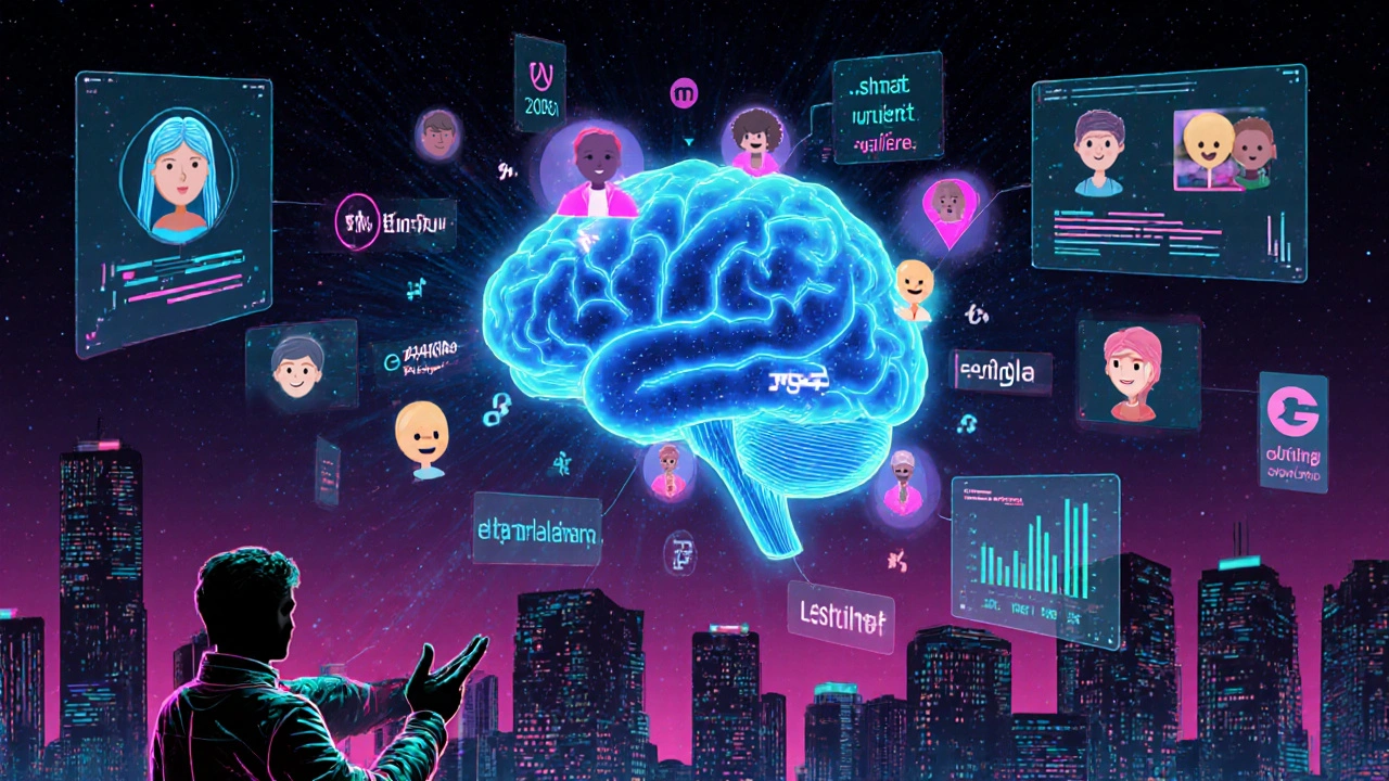 Futuristické zobrazení AI, která personalizuje sociální média.