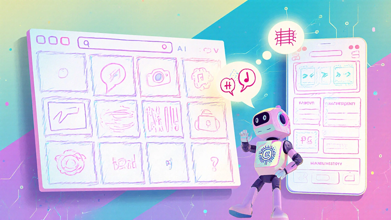 Ilustrace ukazuje storyboard Reel a Story s chatbotem, který předává nápady pomocí ikon a bublin.