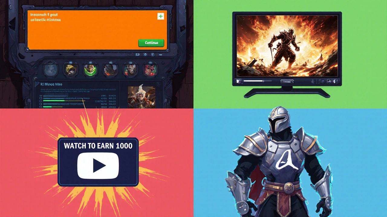 Rozdělený obrázek ukazuje banner, interstitial, rewarded video a brand integration ve stylu komiksu.