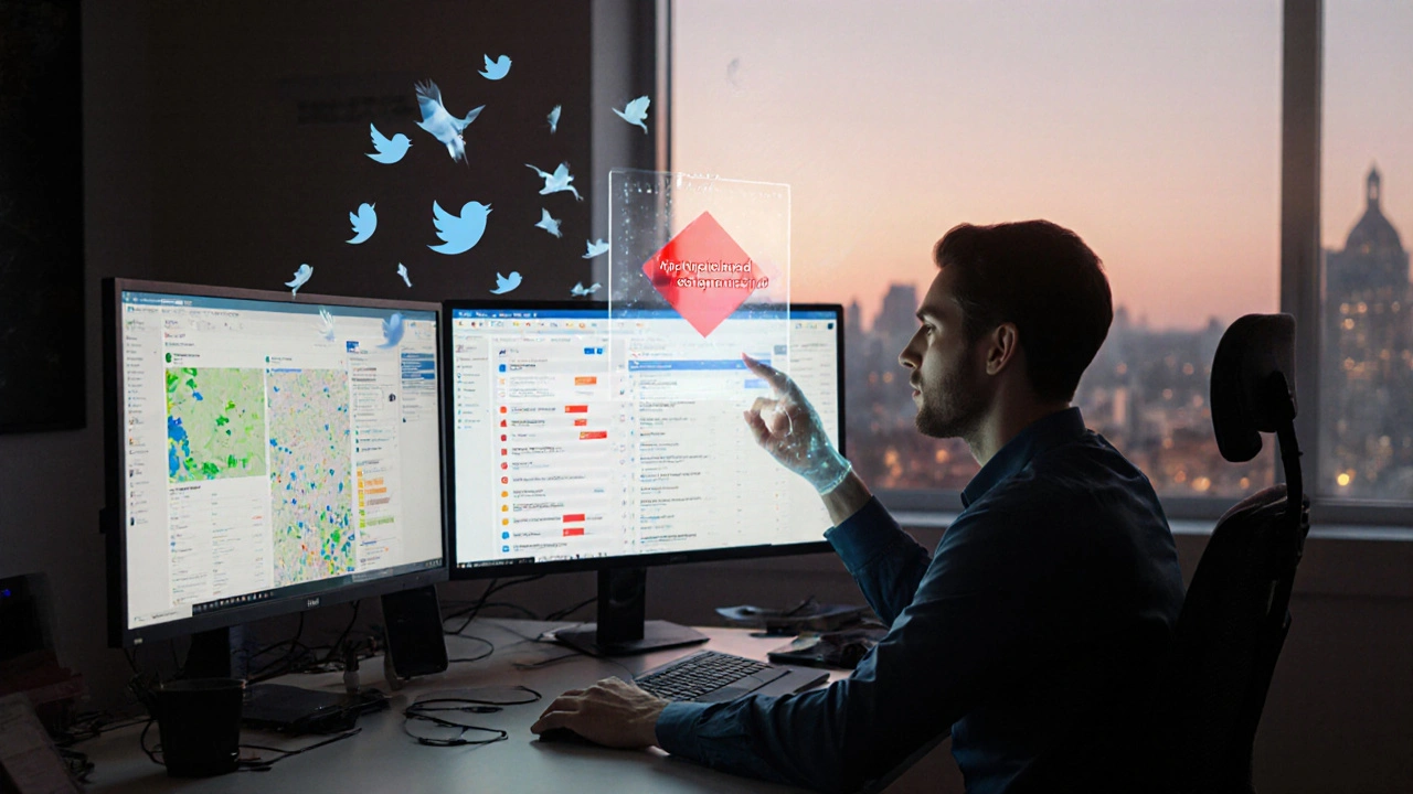 Výzkumník v kanceláři analyzuje české tweety na monitorech, s hologramem ChatGPT.