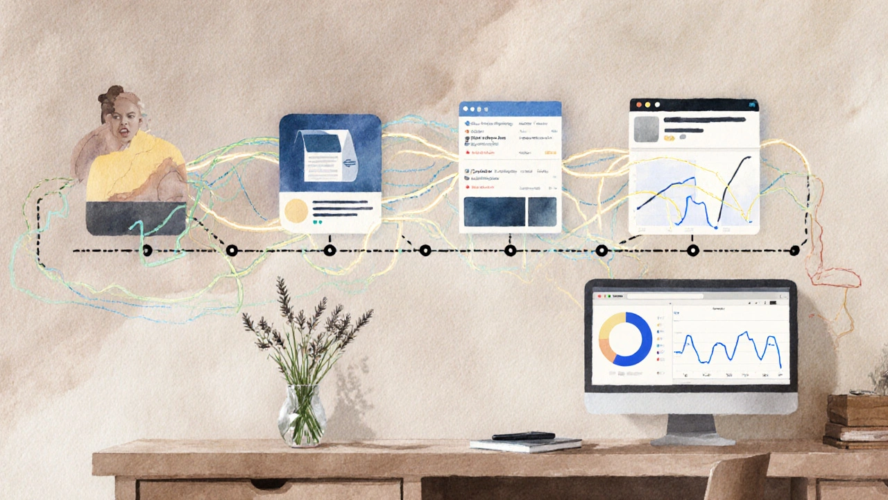 Časová osa dne s AI pomáhající v affiliate marketingu — jemné vodové barvy, české detaily.