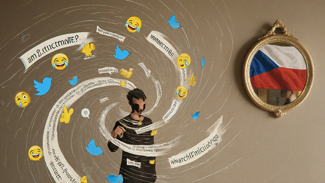 Člověk ve středu víru z tweetů a emoji, kde AI text přeměňuje v lidské emoce, jemný odraz české vlajky.