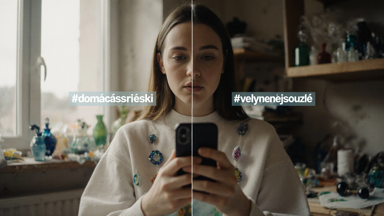 Dívka natáčí TikTok video s ručně vyrobenými skleněnými šperky, na obrazovce se zobrazují návrhy hashtagů.