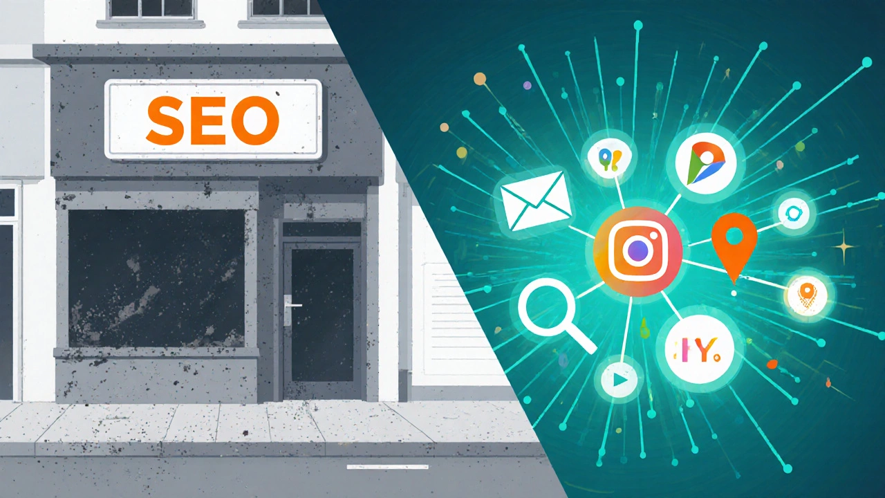 Dvě části scény: zapomenutý obchod naproti digitální síti viditelnosti.