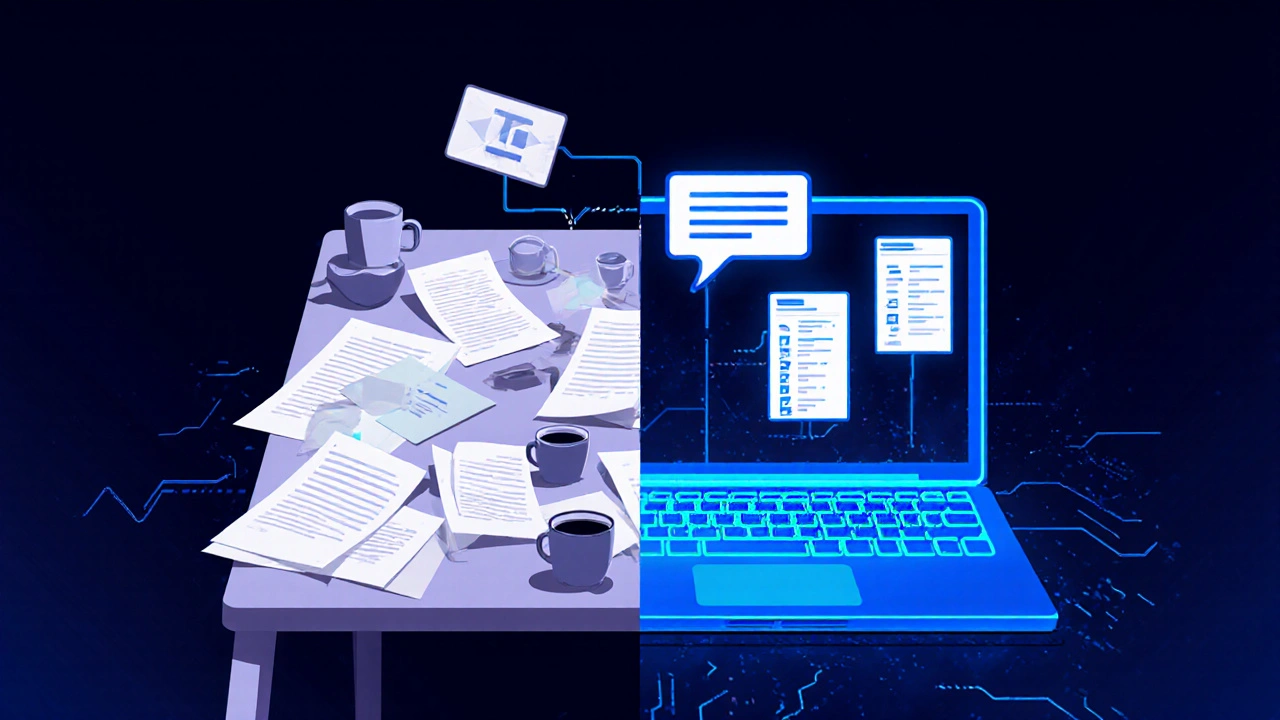 Dvě strany pracovního stolu: chaos vs. AI generující obsah — moderní digitální ilustrace.