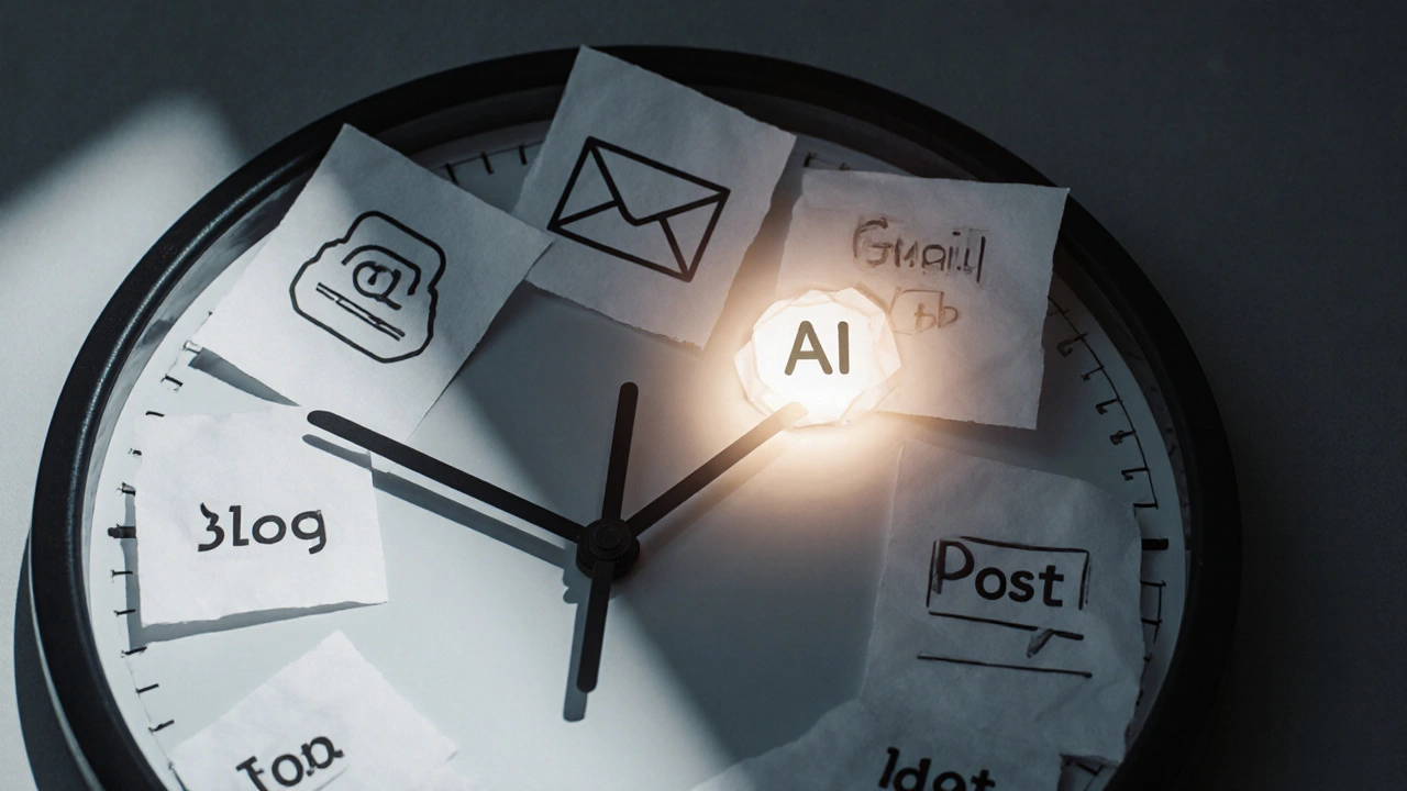 Hodiny s ručičkami z papírových článků, které AI urychluje — symbol času ušetřeného pomocí AI.