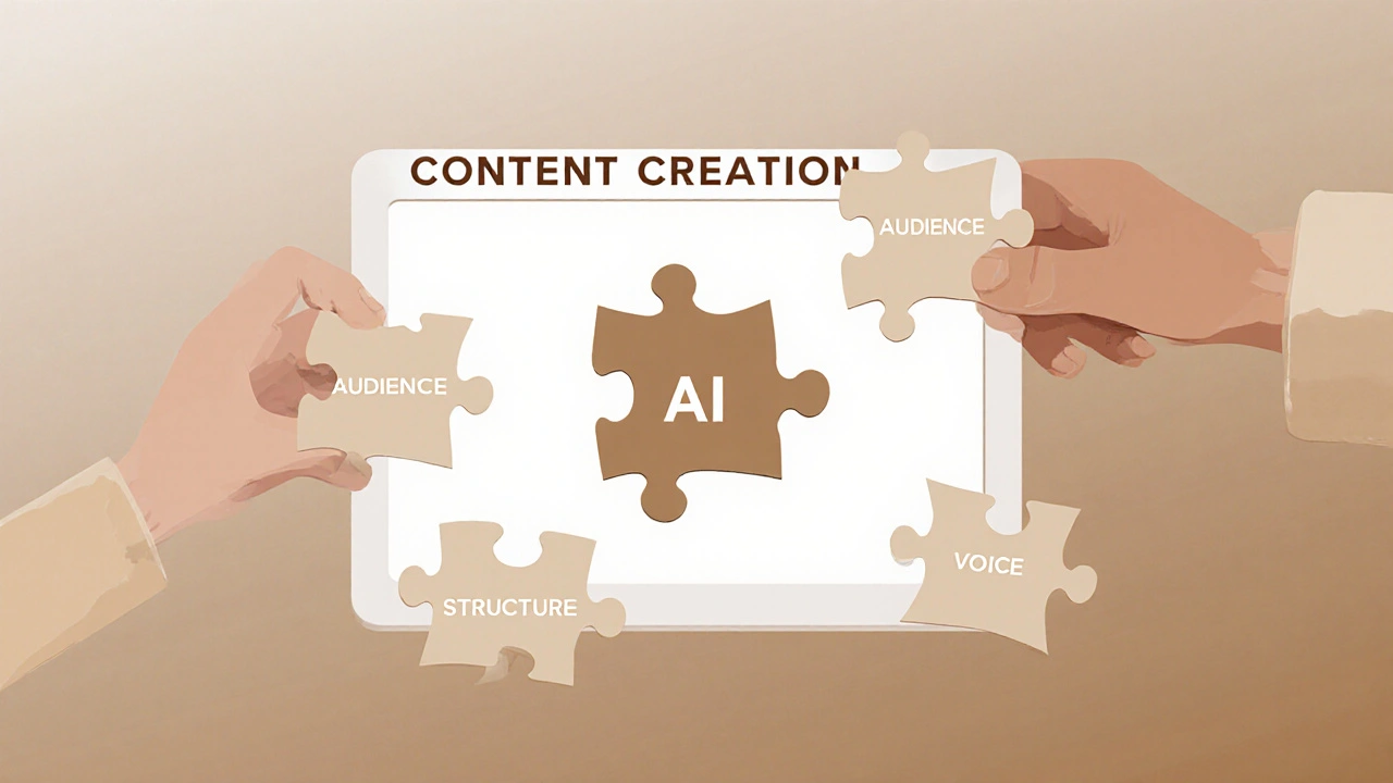 Lidská ruka sestavuje skládačku s kousky AI a lidského hlasu pro tvorbu obsahu.