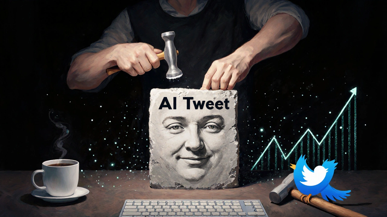 Sochař upravuje AI generovaný tweet na lidskou podobu, symbolizující autentičnost.