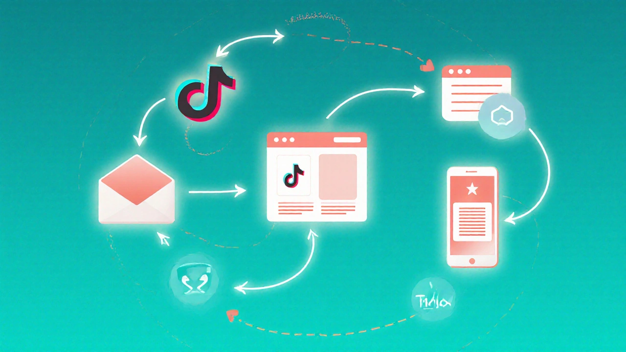 Spojené kanály marketingu jako světelné cesty vedoucí od sociálních sítí k e-mailu.