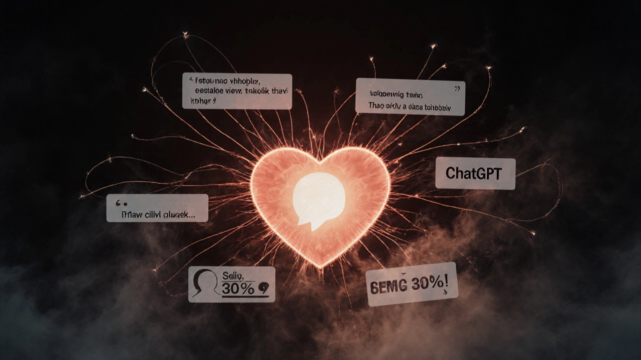 Srdce z komentářů zákazníků spojených s ikonou ChatGPT, marketingové slogany se rozptylují