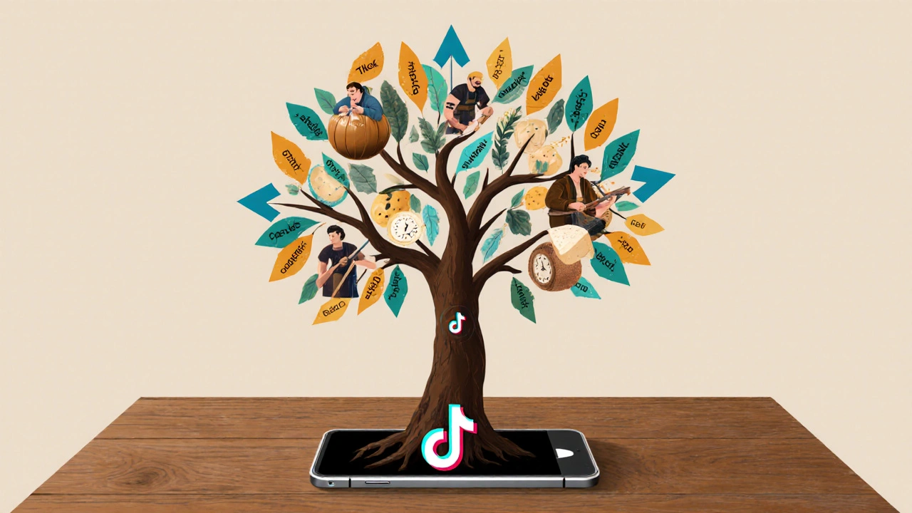 Strom rostoucí ze smartphone obrazovky, kořeny tvoří šipky TikToku, ovoce představují autenticitu a příběh.