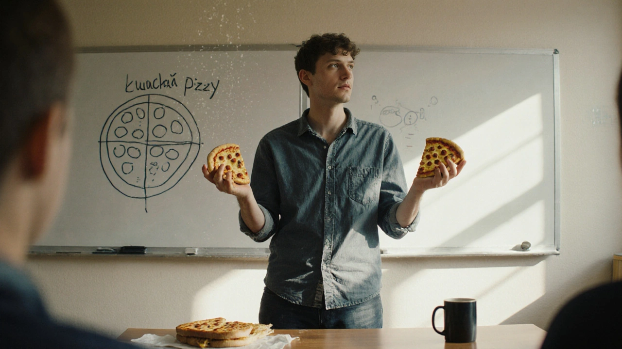 Učitel v třídě vysvětluje buněčné dělení pomocí dvou pizz z hlíny.