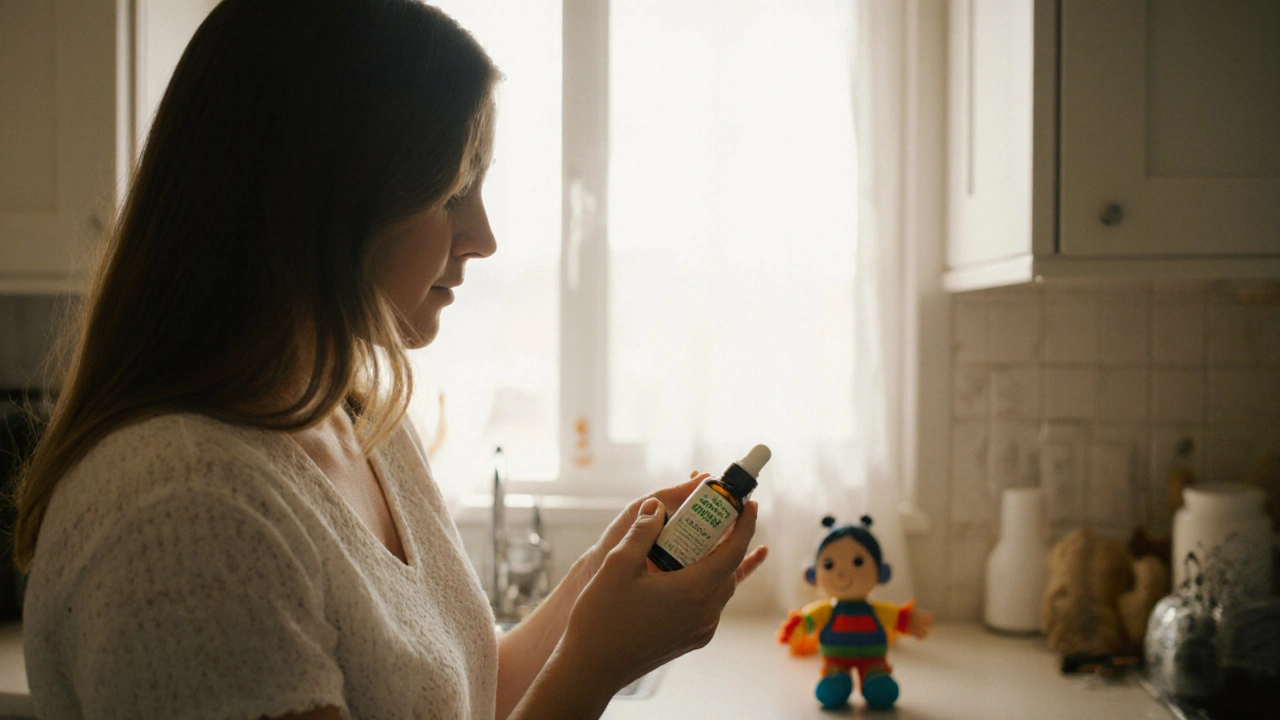 Žena v kuchyni ukazuje ekologickou kosmetiku v reálném prostředí bez textu.