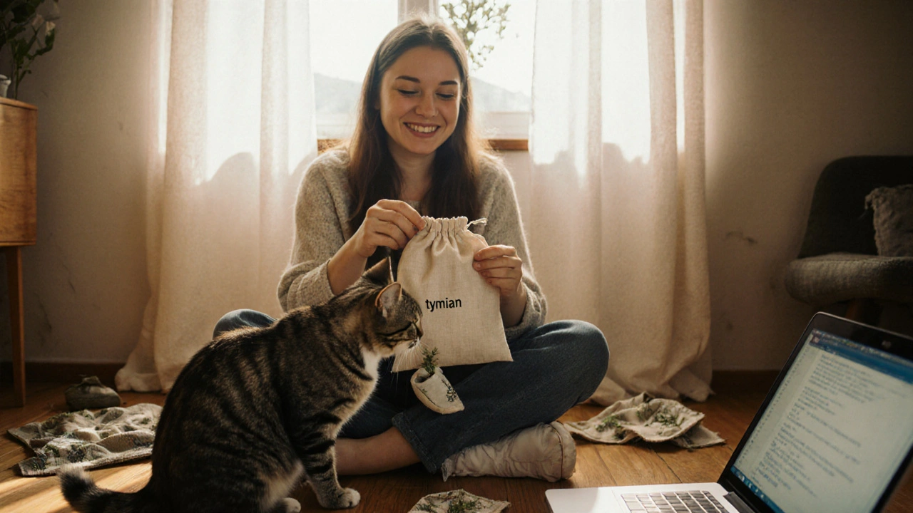 Žena v Ostravě drží ručně šitý pytlíček s bylinami, vedle ní sedí kočka.
