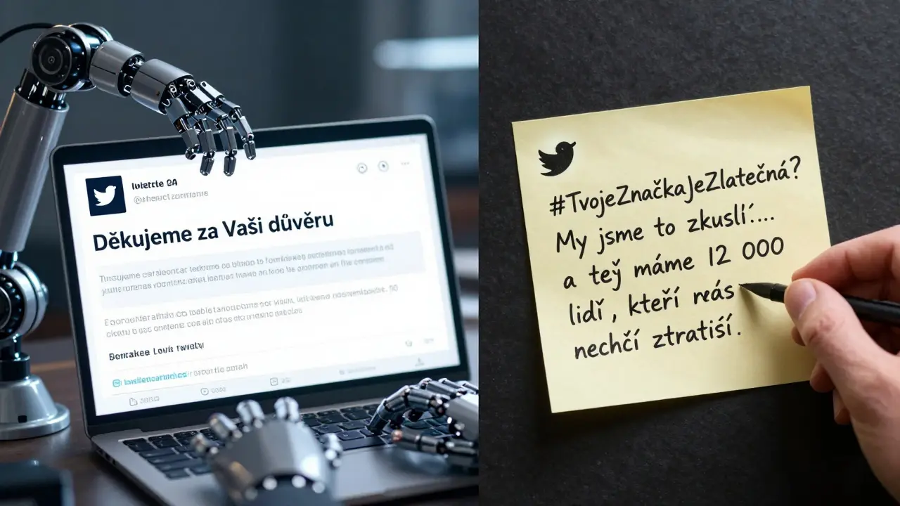 Dvě strany Twitteru: robotický text vs. lidský, ironický tweet s logem ChatGPT.