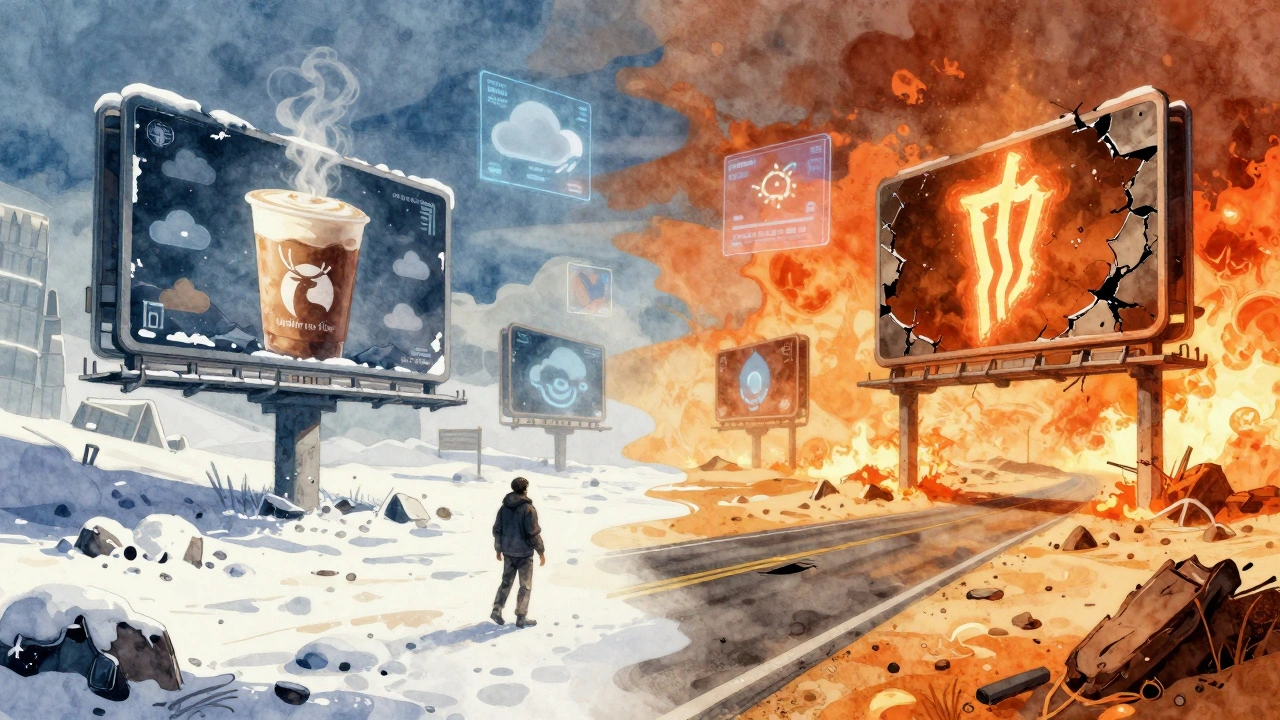 Dynamické digitální plakáty v herním světě se mění podle počasí — káva v sněhu, energo-nápoj v poušti.