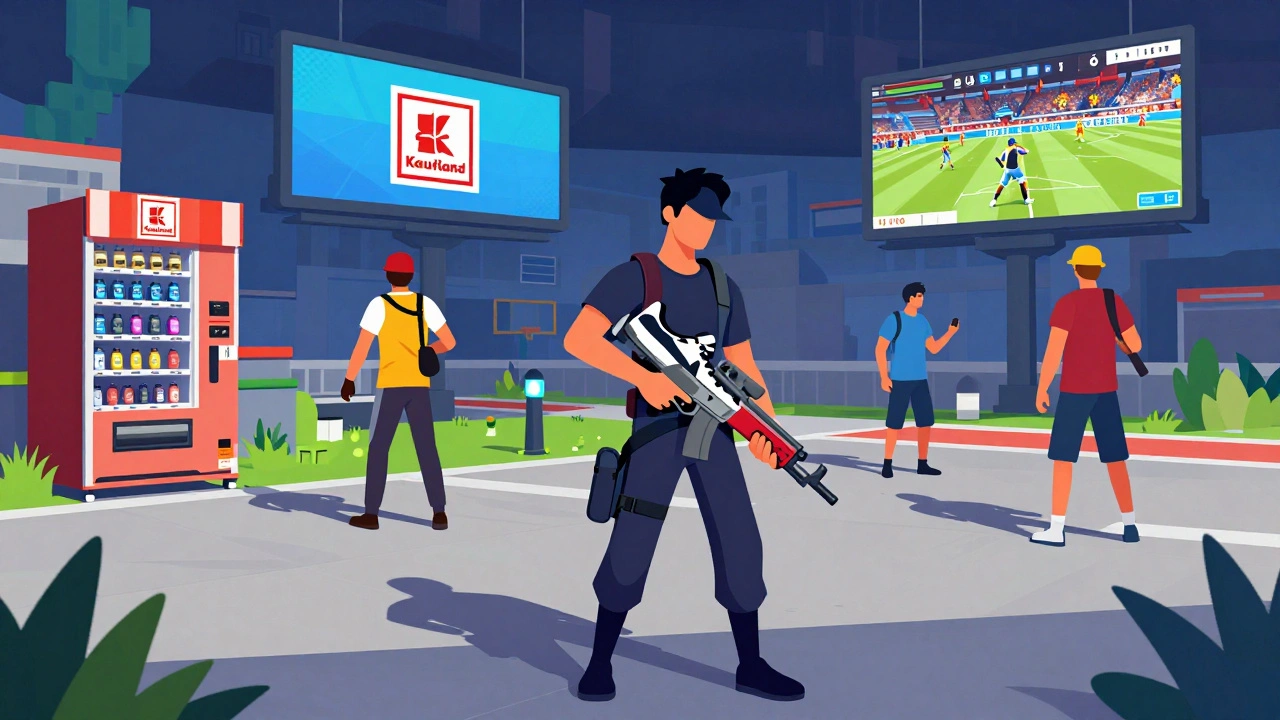 Hráč drží zbraň s logem obuvi, kolem něj se objevují přirozeně vložené reklamy ve hře jako vending machine a dynamické plakáty.