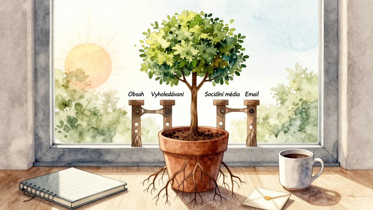Malý strom rostoucí z hrnku, jeho kořeny tvoří čtyři pilíře internetového marketingu, za oknem východ slunce.