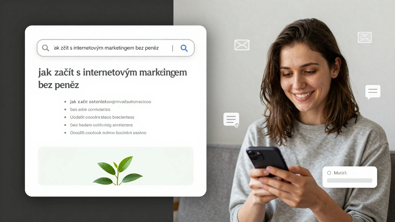 Pohled na obrazovku s vyhledáváním Google a článkem o internetovém marketingu bez peněz, člověk čte na telefonu.