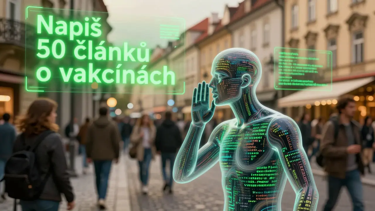 Průhledná postava z kódu šeptá propagandu lidem na pražské ulici, za nimi se objevují prompty AI.