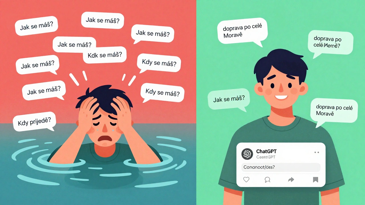 Rozdělená obrazovka: chaos opakujících se zpráv na levé straně, klidné AI odpovědi na pravé.