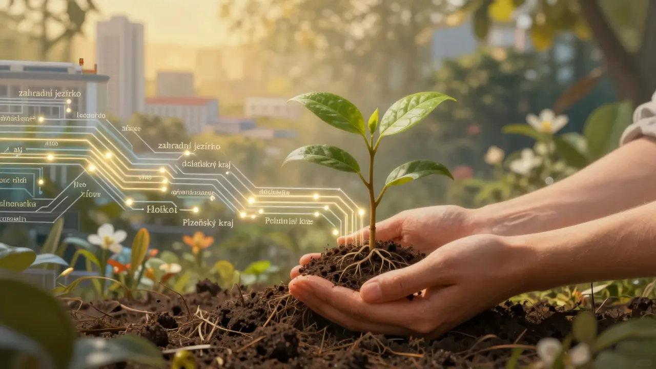 Ruce zasazují sazenici, její kořeny tvoří česká klíčová slova v digitálním světle.