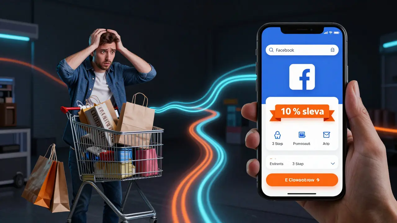 Split-screen of shopper abandoning cart versus returning via retargeted ad with 10% discount.