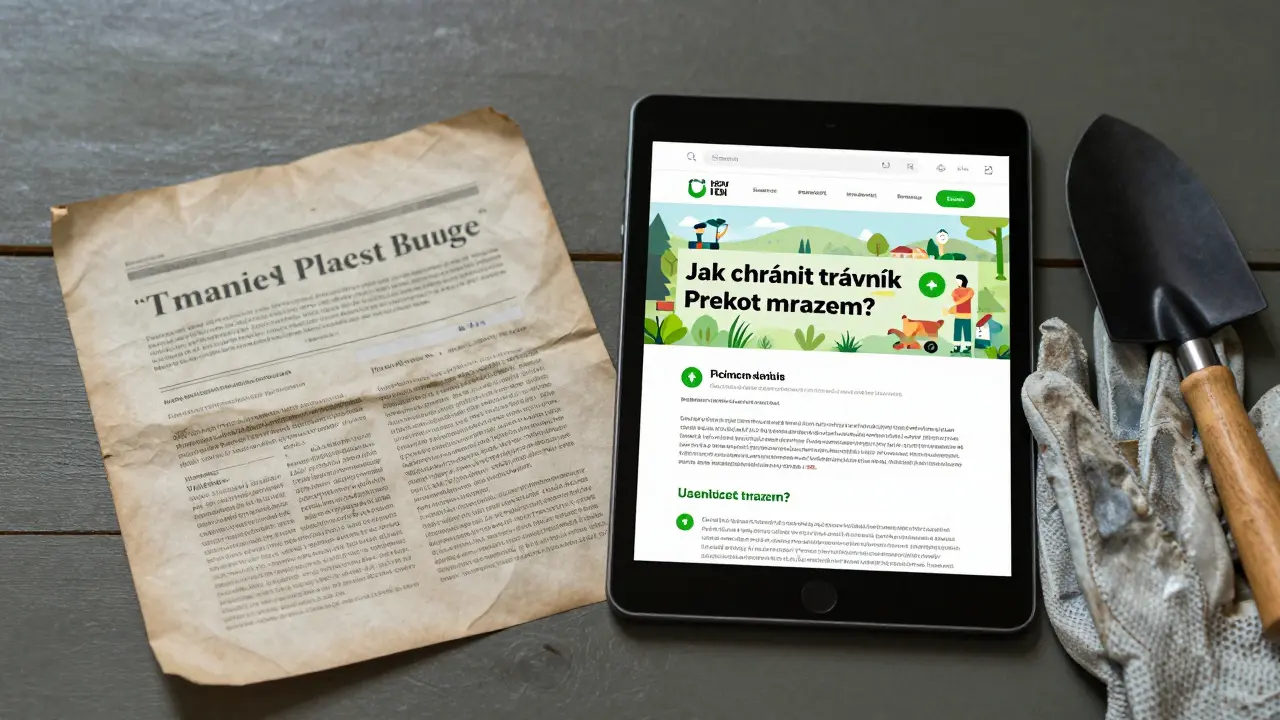 Starý článek na stole a nově přepracovaný SEO obsah na tabletu s náznaky zahrady.