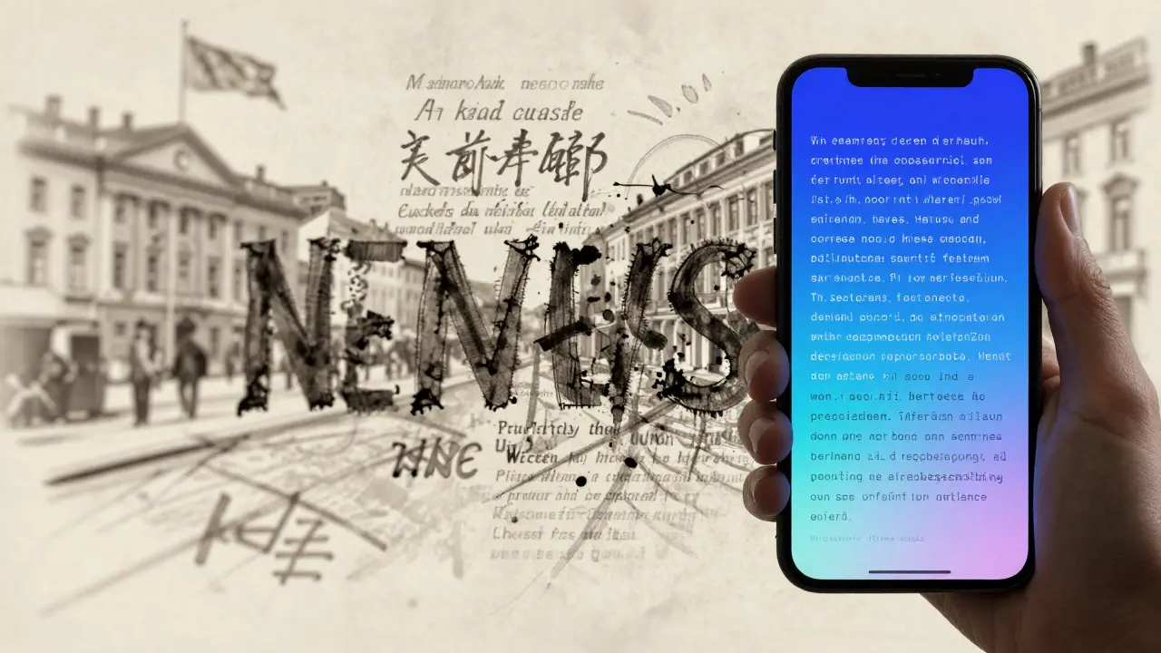 Starý propagandistický plakát se mění v moderní obrazovku s AI generovaným textem.