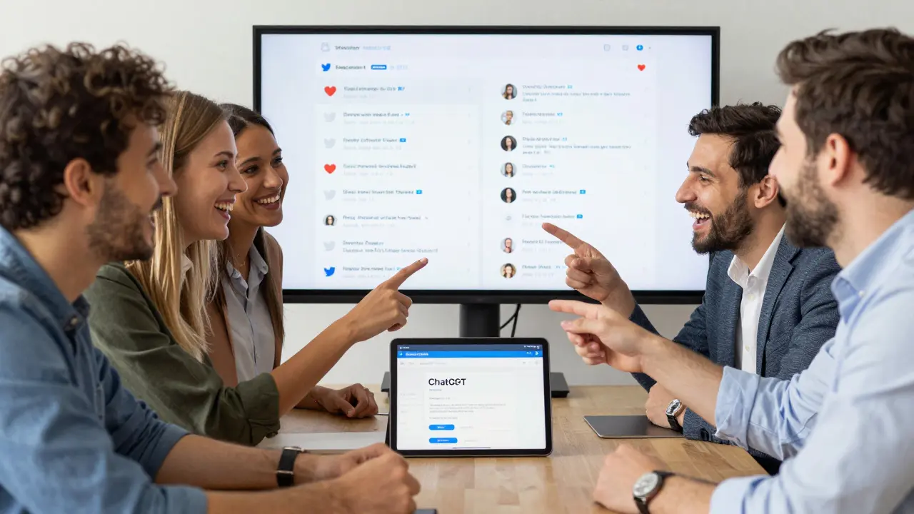 Tým se směje, ukazuje na Twitterový feed plný odpovědí a sdílení.