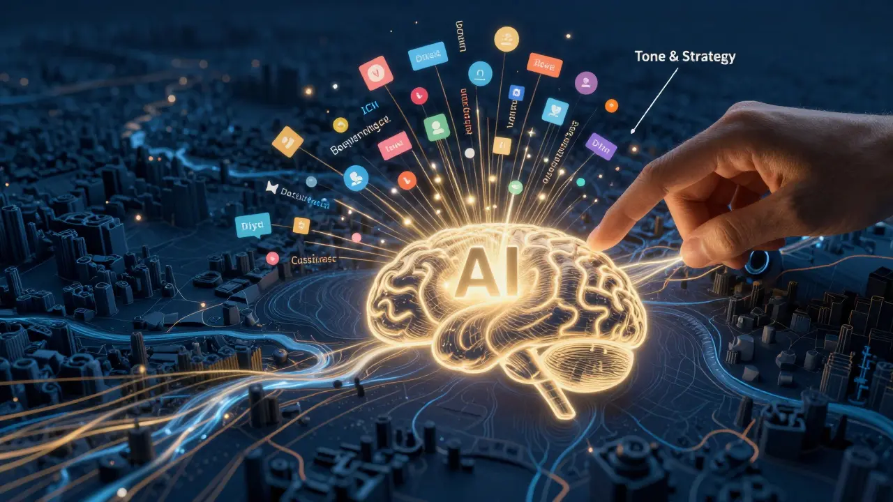 Abstract digital flow of personalized marketing messages radiating from an AI core guided by a human hand.