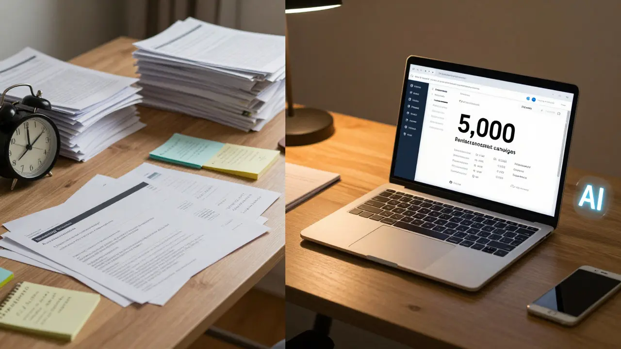 Before and after: cluttered desk vs. clean desk with AI-generated personalized email campaigns on screen.