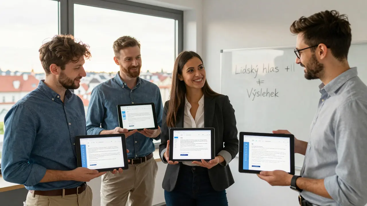 Čeští profesionálové společně přizpůsobují AI generovaný obsah v moderní kanceláři.
