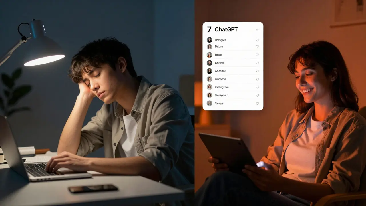 Dvě scény: jedna s unaveným člověkem psaním příspěvků, druhá s klidným člověkem sledujícím AI vytvořený Reels.