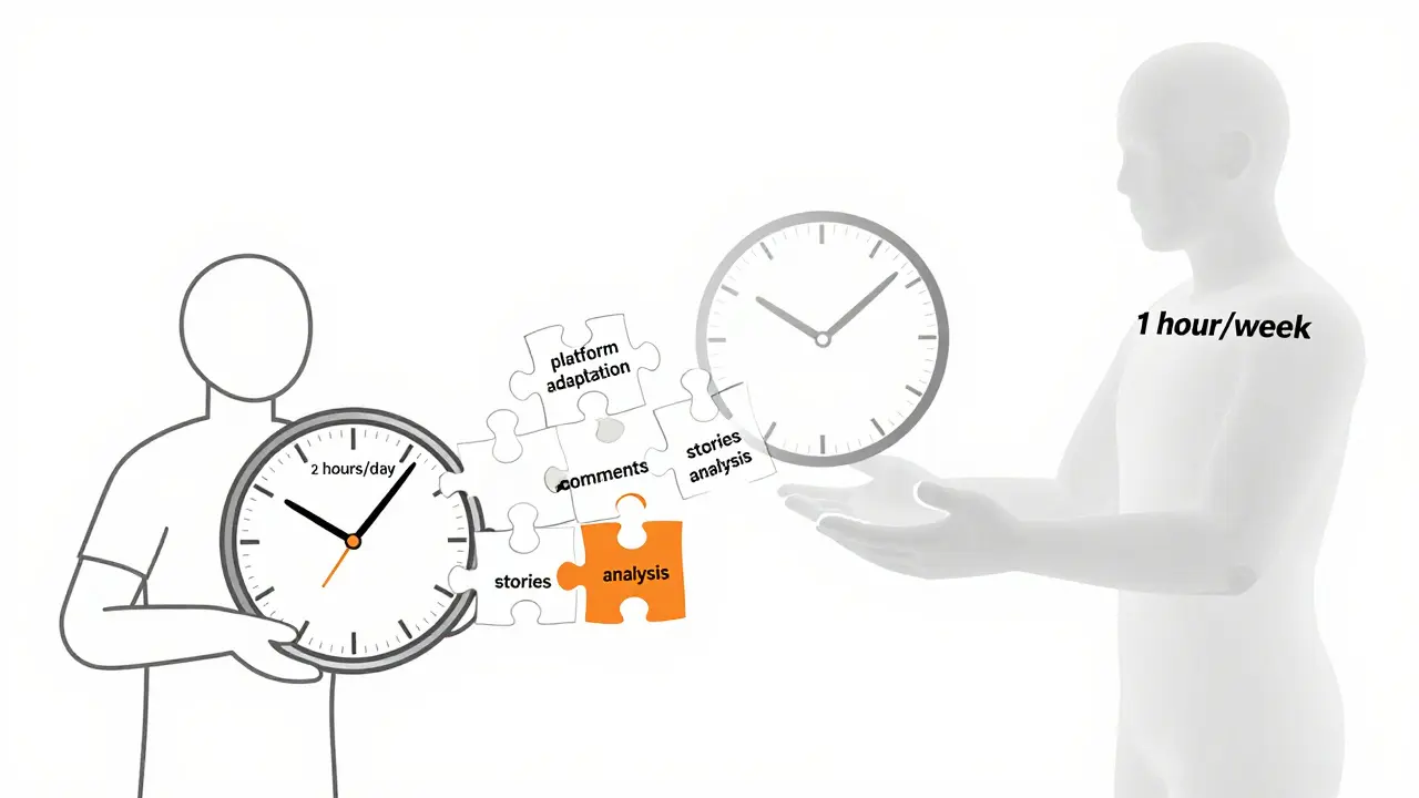 Lidská postava rozpadá čas, který tráví na obsahu, zatímco AI jí dává více volného času.