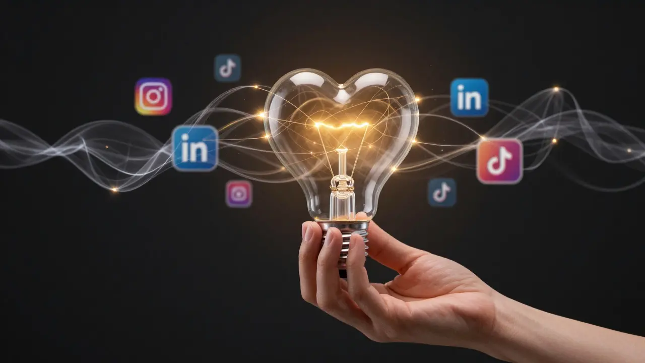Lidská ruka drží srdce, z něhož vytéká AI data spojující sociální platformy — symbol lidské emoce vedení technologie.