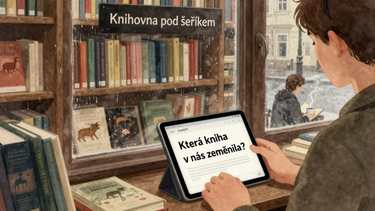 Malá knihovna v Plzni s čtenářem při dešti a tabletu zobrazujícím AI generující příspěvek pro Reels.