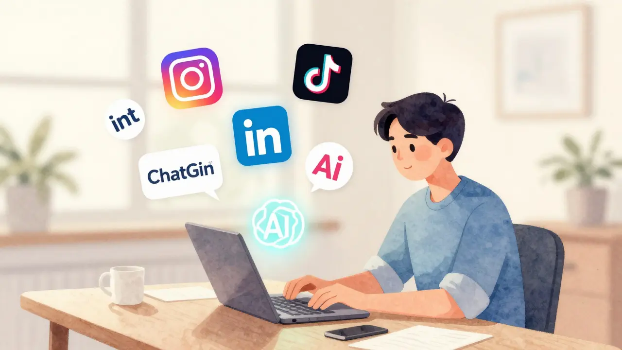 Osoba na pracovním stole s plavajícími ikonami sociálních sítí a AI symbolem, generujícím různé styly textů.