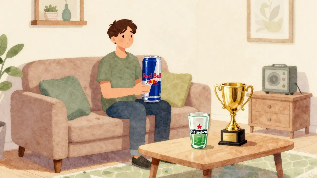 Postava ve hře drží plechovku s logem Red Bull a pohár s Heinekenem na stole.