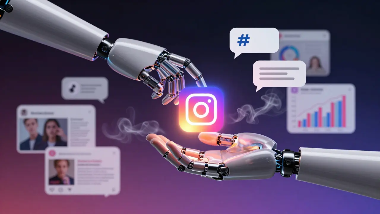 Průhledná robotická ruka předává Instagram příspěvek lidské ruce, kolem nich se vznášejí prvky obsahu a analýz.