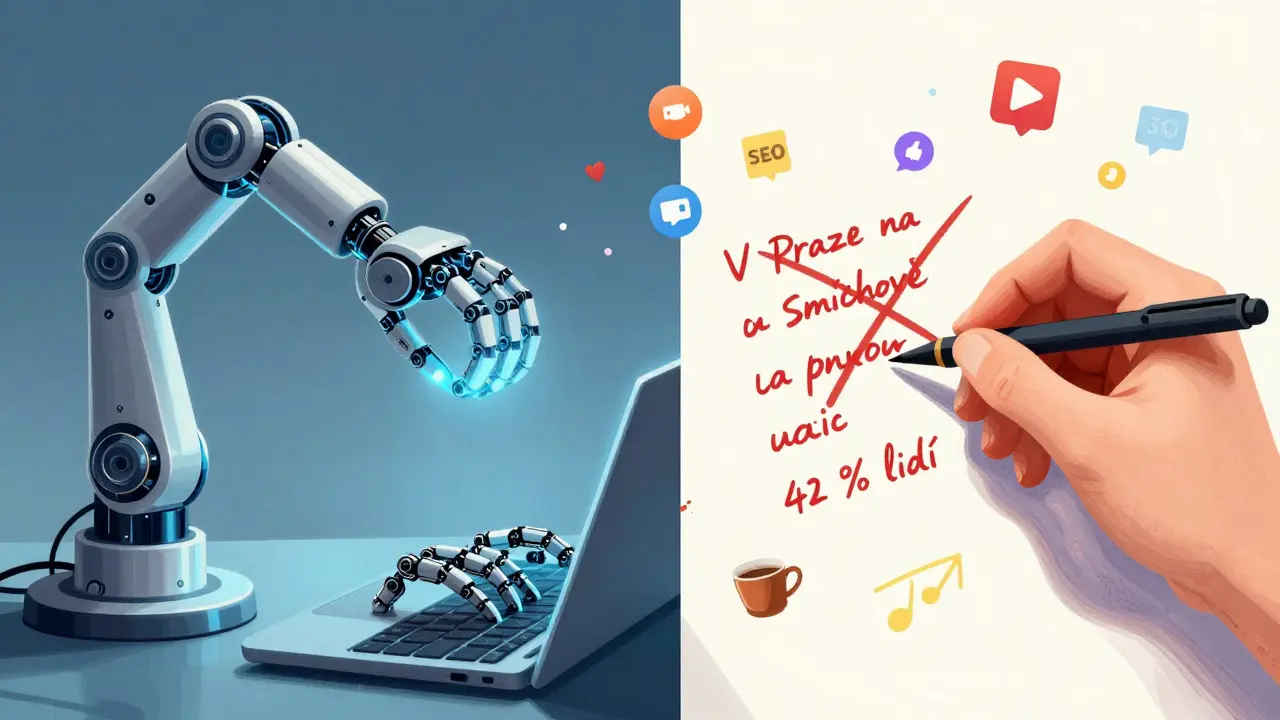 Rozdělený obraz: robotický text vs. lidská úprava s českými frázemi a čísly.