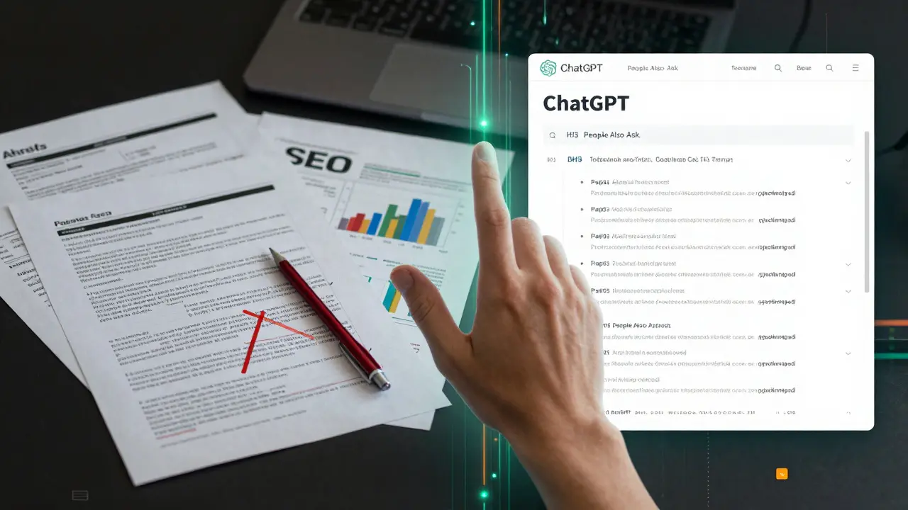 Split-screen showing chaotic SEO notes versus clean AI-generated article structure with human hand guiding the process.