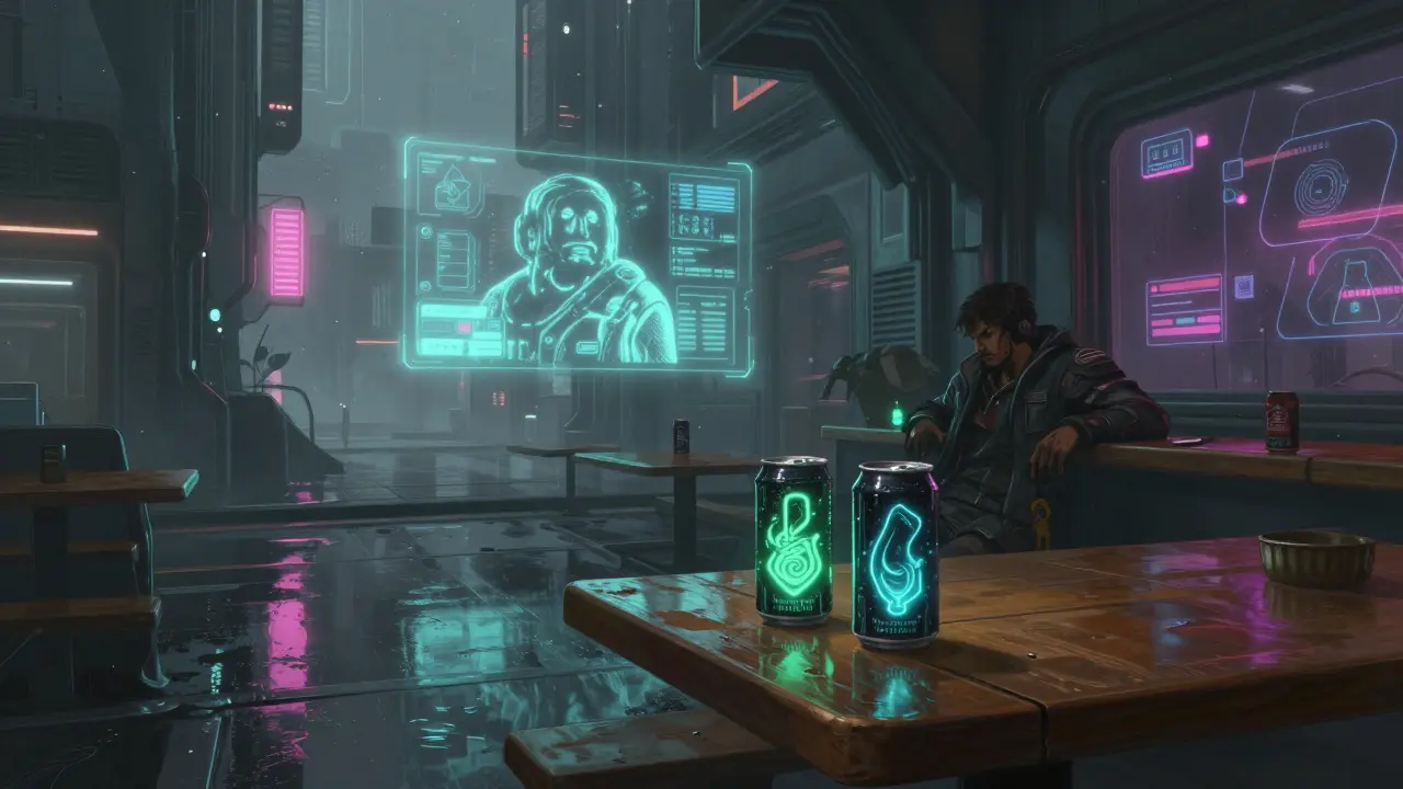 V futuristickém herním světě jsou na stole energetické nápoje a jemné holografické reklamy.