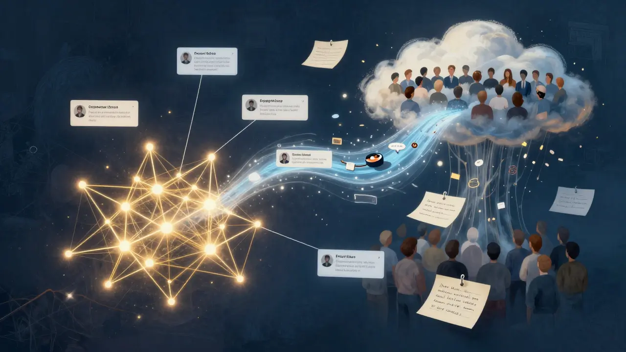 Abstraktní vizualizace algoritmu sociální sítě, který ocení autentický AI obsah s lidským prvkem.