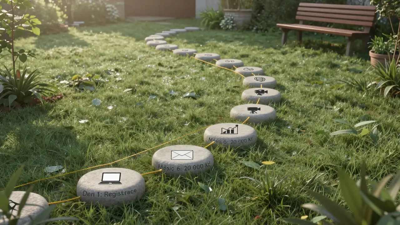 Cesta k úspěchu v affiliate marketingu znázorněná jako chodník kamenů s měsíčními etapami v české zahradě.